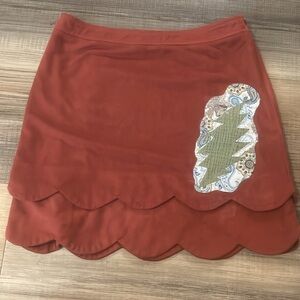 Rust Scalloped Hem Skirt with Patchwork Detail- one of a kind, reworked